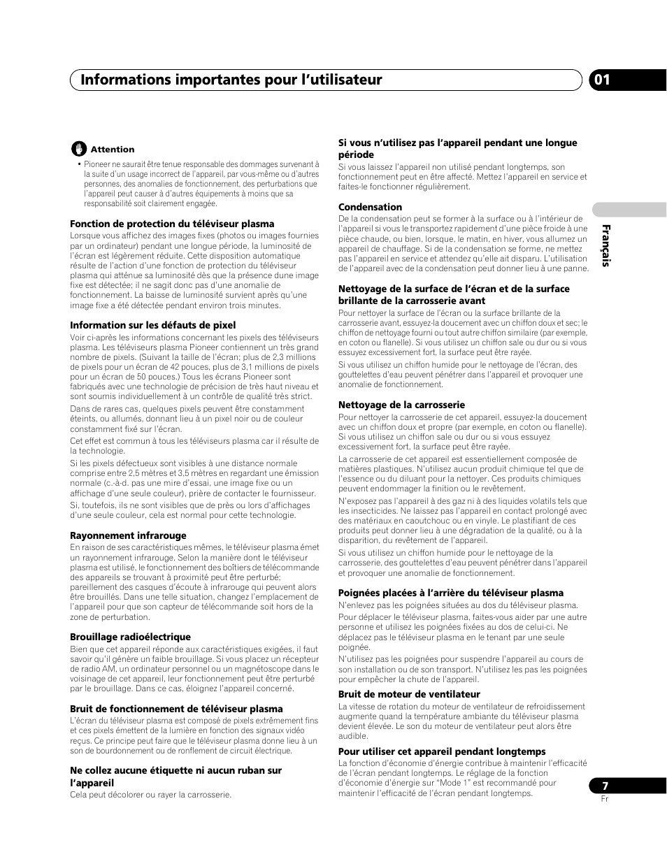 Informations importantes pour l’utilisateur 01 | Pioneer PDP-SX5080D User Manual | Page 85 / 236