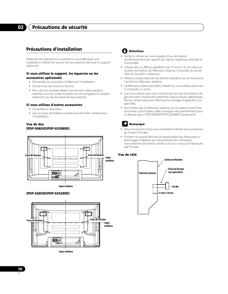 Précautions d’installation, Précautions de sécurité 02 | Pioneer PDP-SX5080D User Manual | Page 88 / 236