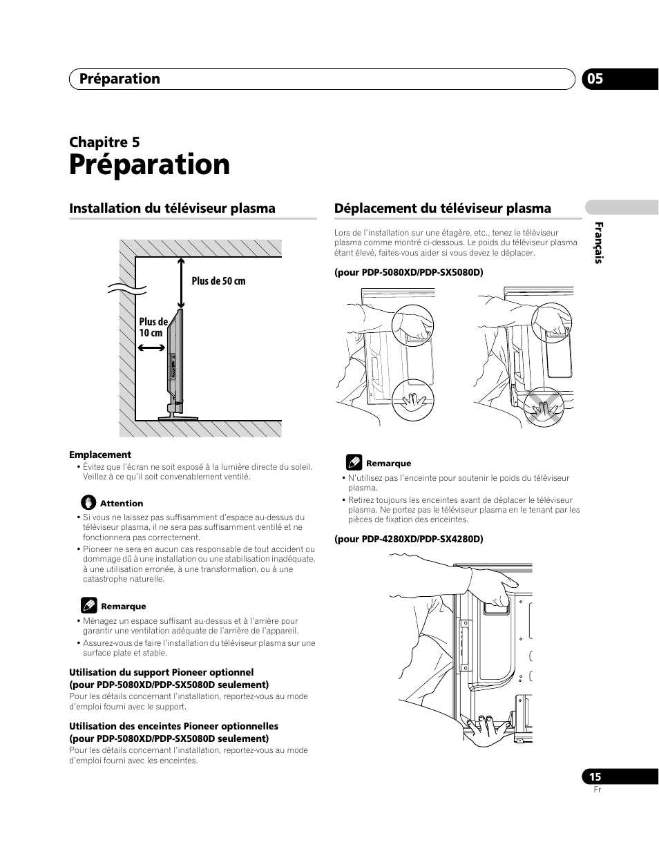 05 préparation, Préparation, Préparation 05 | Chapitre 5, Installation du téléviseur plasma, Déplacement du téléviseur plasma | Pioneer PDP-SX5080D User Manual | Page 93 / 236