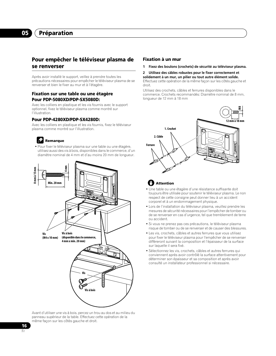Pour empêcher le téléviseur plasma de se renverser, Préparation 05 | Pioneer PDP-SX5080D User Manual | Page 94 / 236