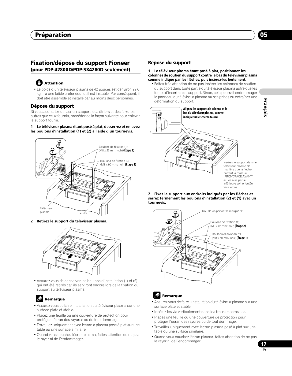 Fixation/dépose du support pioneer, Pour pdp-4280xd/pdp-sx4280d seulement), Préparation 05 | Pioneer PDP-SX5080D User Manual | Page 95 / 236