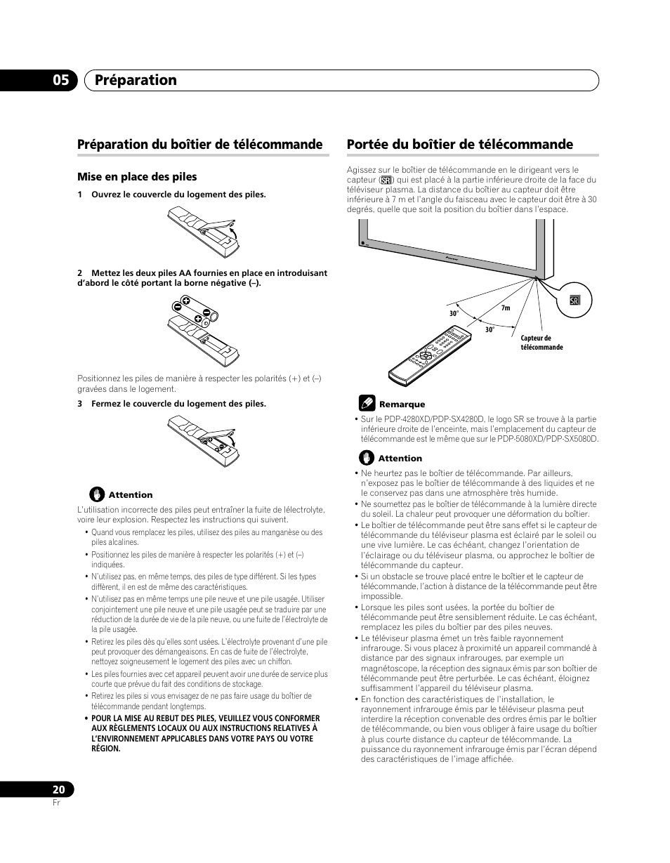 Préparation 05, Préparation du boîtier de télécommande, Portée du boîtier de télécommande | Pioneer PDP-SX5080D User Manual | Page 98 / 236