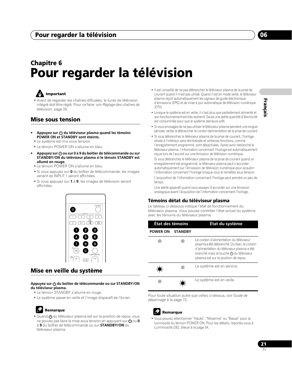 06 pour regarder la télévision, Mise sous tension mise en veille du système, Pour regarder la télévision | Pour regarder la télévision 06, Chapitre 6, Mise sous tension, Mise en veille du système | Pioneer PDP-SX5080D User Manual | Page 99 / 236