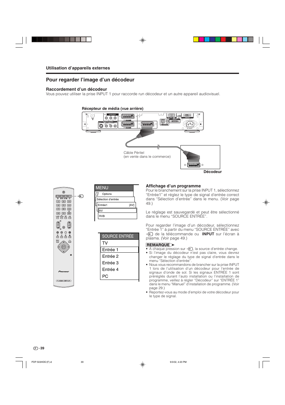 Pour regarder l’image d’un décodeur, Utilisation d’appareils externes, Menu | Raccordement d’un décodeur, Affichage d’un programme, Récepteur de média (vue arrière) décodeur | Pioneer PDP-503HDE User Manual | Page 105 / 194