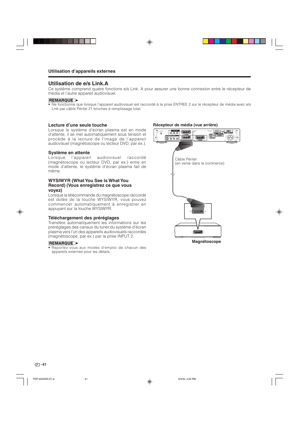 Utilisation de e/s link.a, Utilisation d’appareils externes, Lecture d’une seule touche | Système en attente, Téléchargement des préréglages, Récepteur de média (vue arrière) magnétoscope | Pioneer PDP-503HDE User Manual | Page 107 / 194
