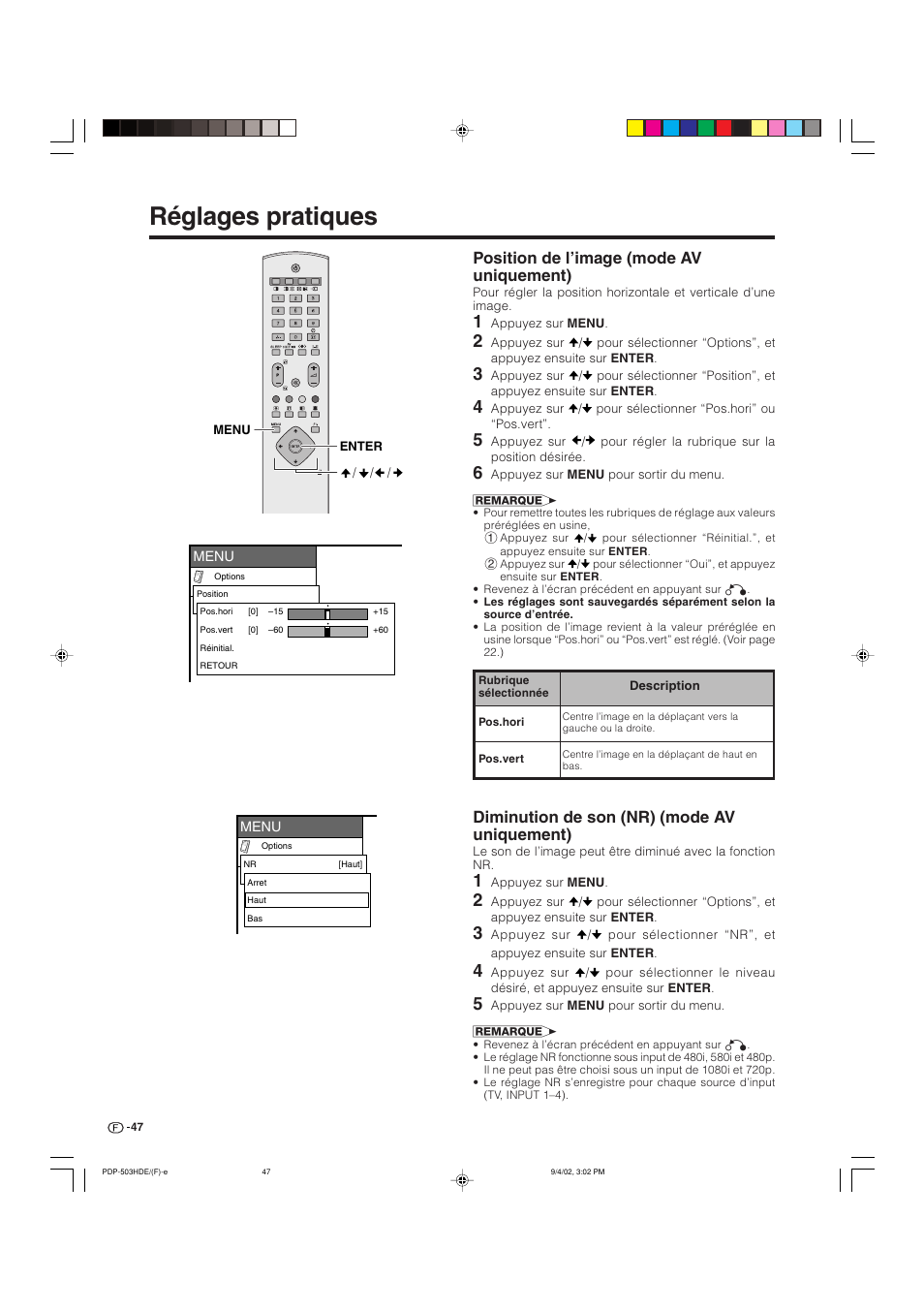 Réglages pratiques, Position de l’image (mode av uniquement), Diminution de son (nr) (mode av uniquement) | Pioneer PDP-503HDE User Manual | Page 113 / 194