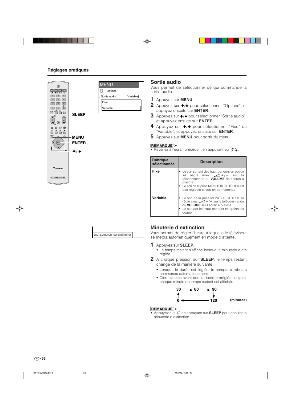 Minuterie d’extinction, Sortie audio | Pioneer PDP-503HDE User Manual | Page 119 / 194