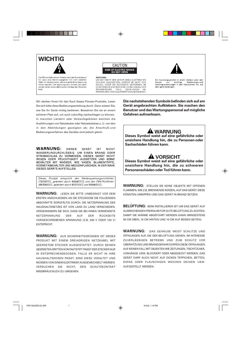Warnung, Vorsicht | Pioneer PDP-503HDE User Manual | Page 130 / 194