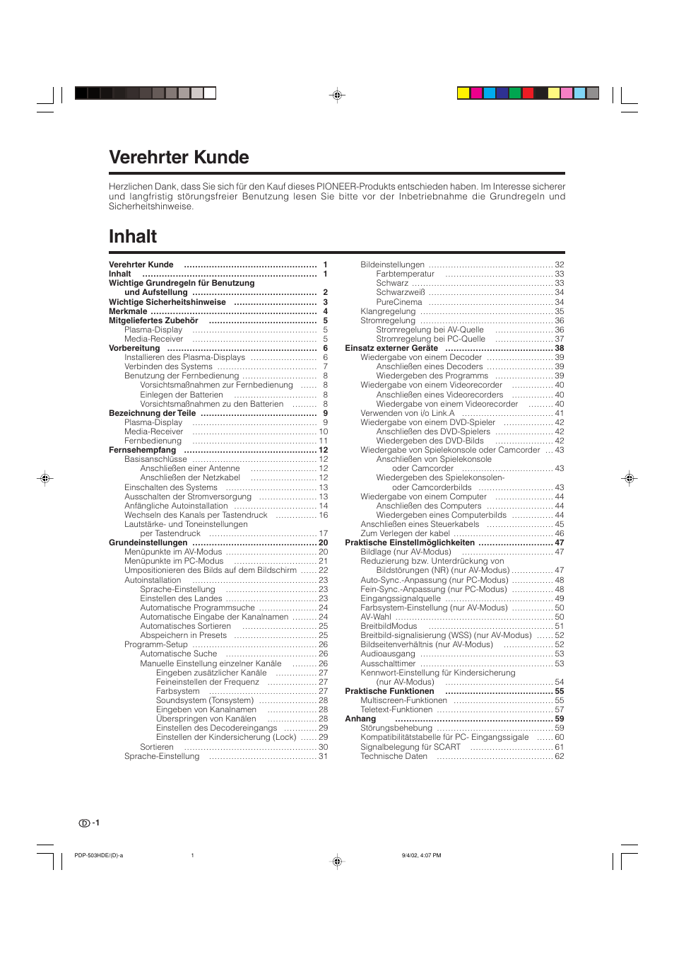 Verehrter kunde, Inhalt | Pioneer PDP-503HDE User Manual | Page 131 / 194