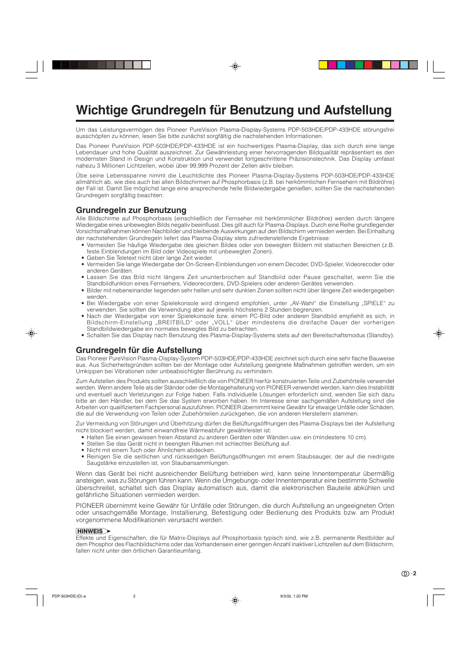 Wichtige grundregeln für benutzung und aufstellung, Grundregeln zur benutzung, Grundregeln für die aufstellung | Pioneer PDP-503HDE User Manual | Page 132 / 194
