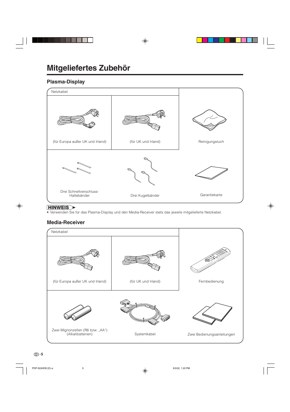 Mitgeliefertes zubehör, Plasma-display, Media-receiver | Pioneer PDP-503HDE User Manual | Page 135 / 194