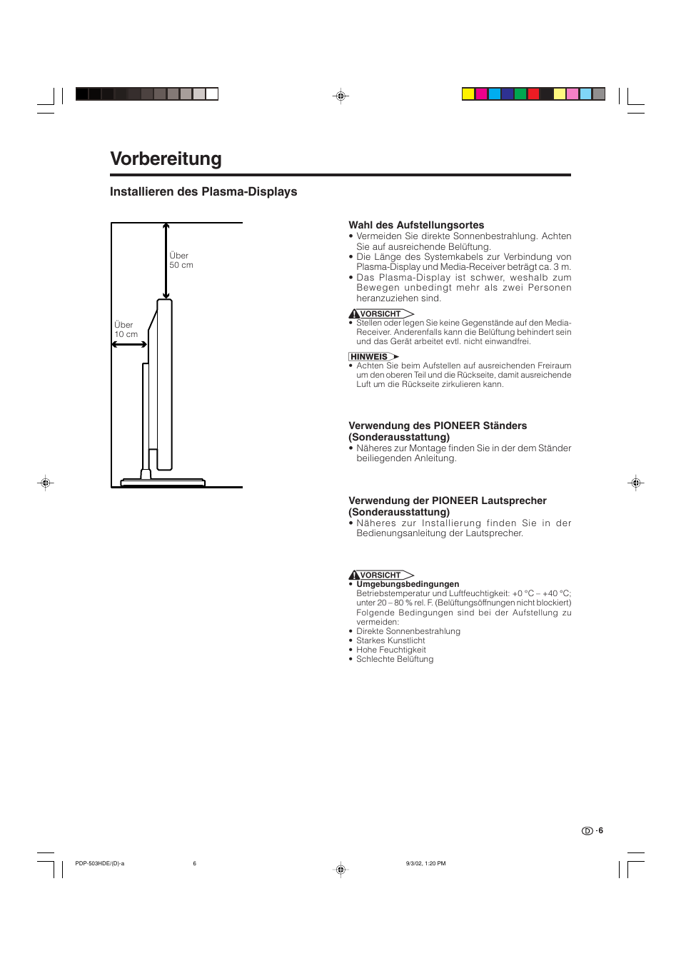 Vorbereitung, Installieren des plasma-displays | Pioneer PDP-503HDE User Manual | Page 136 / 194