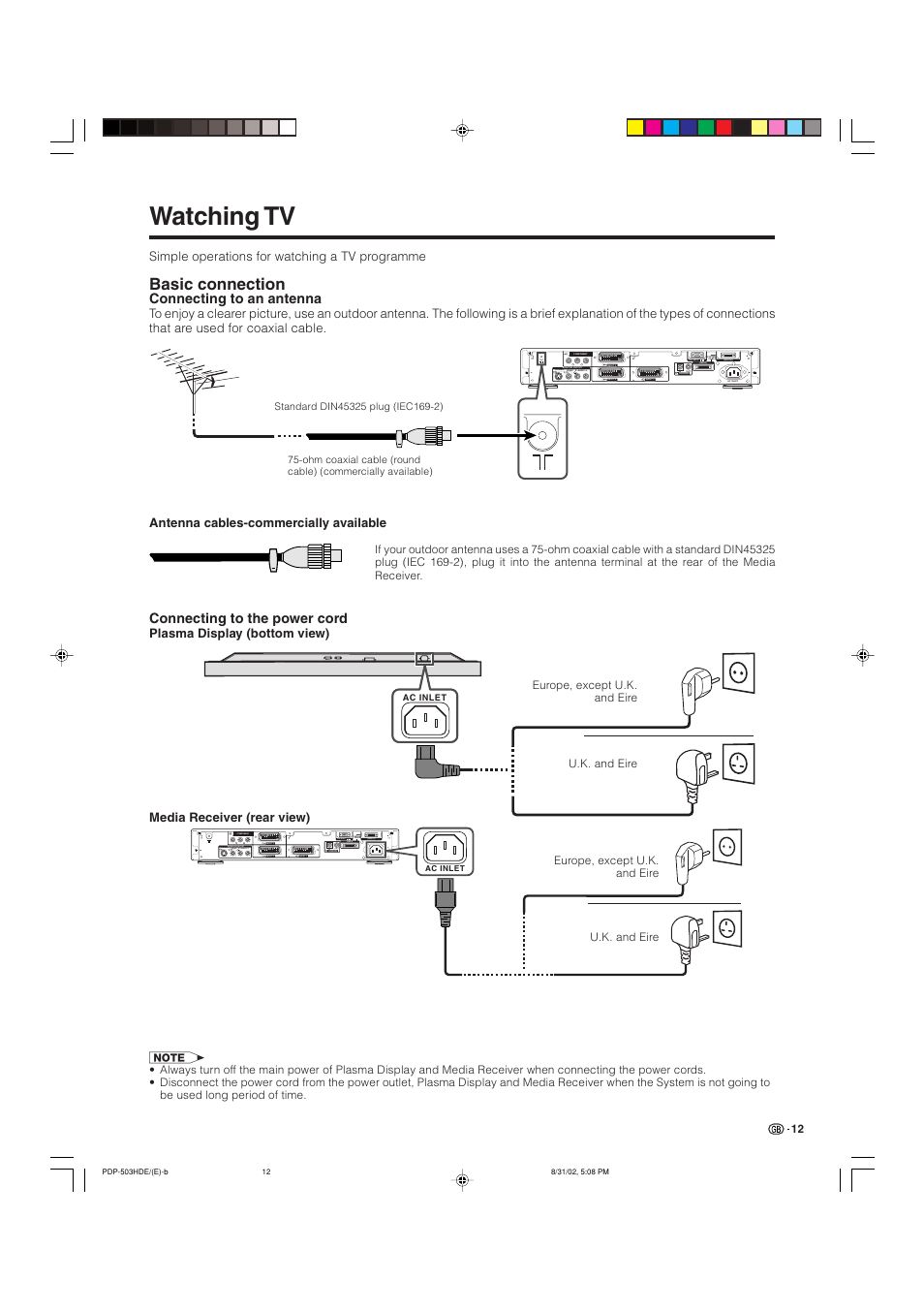 Watching tv, Basic connection, Connecting to an antenna | Connecting to the power cord | Pioneer PDP-503HDE User Manual | Page 14 / 194