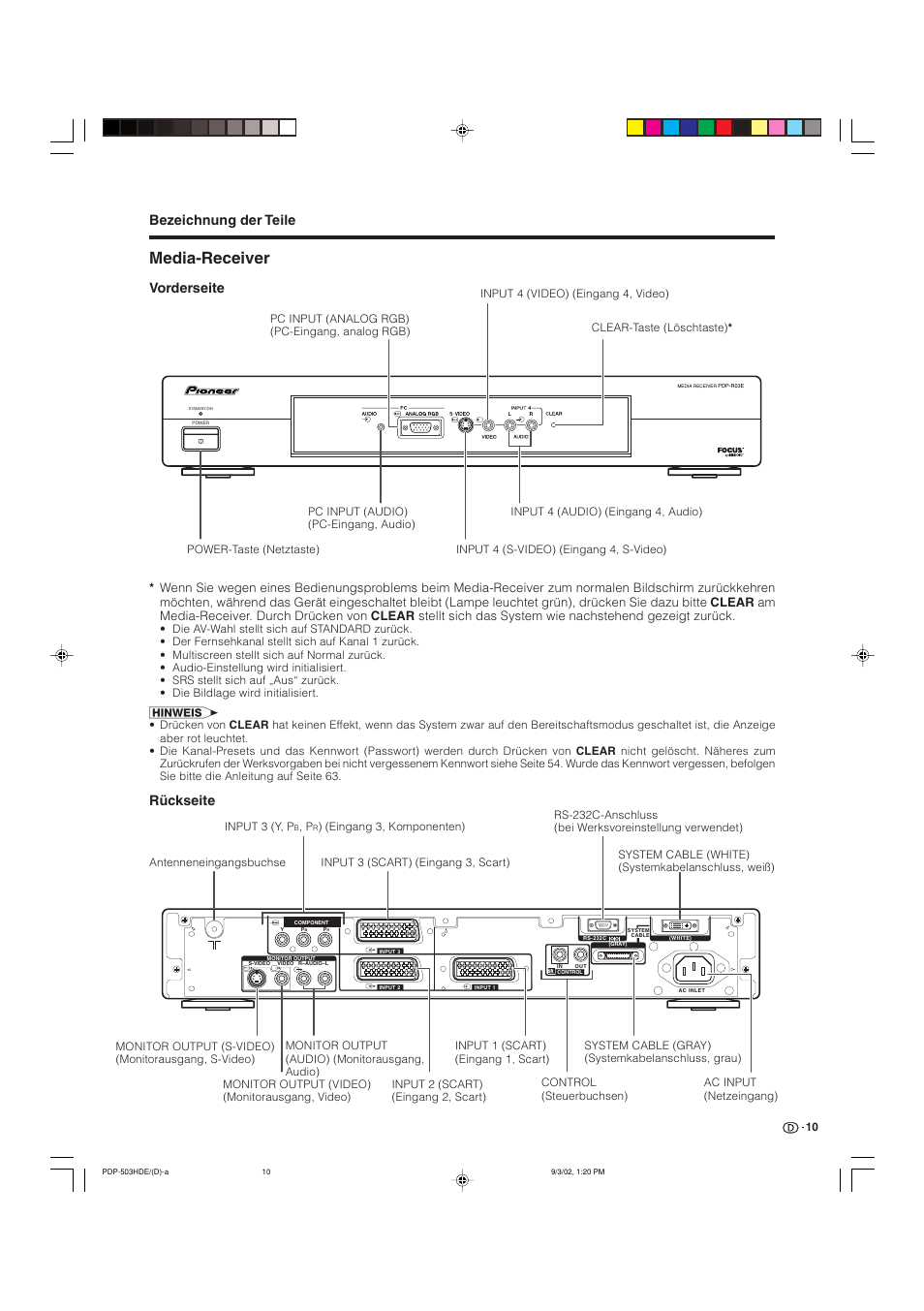 Media-receiver, Bezeichnung der teile, Vorderseite | Rückseite | Pioneer PDP-503HDE User Manual | Page 140 / 194