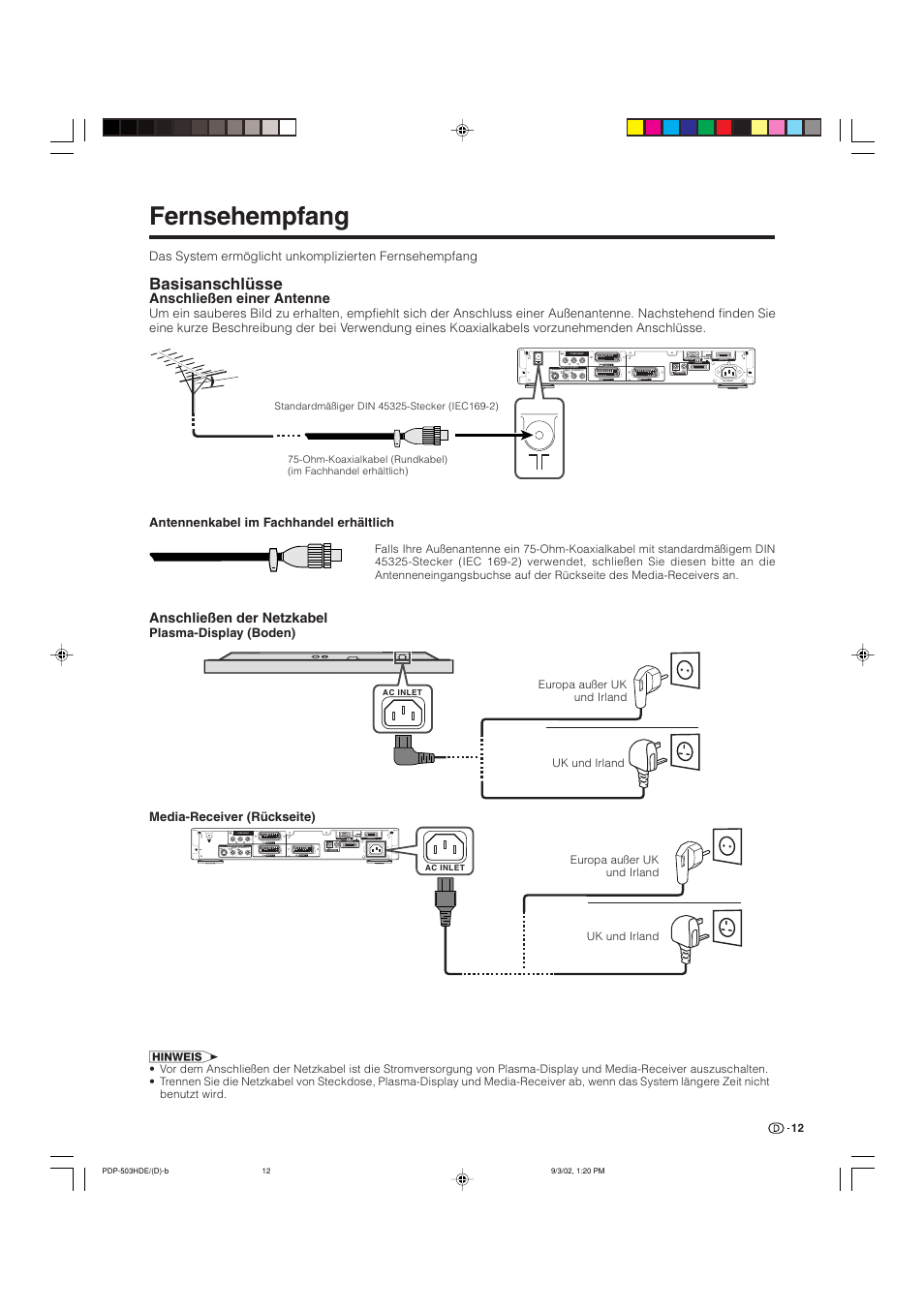 Fernsehempfang, Basisanschlüsse, Anschließen einer antenne | Anschließen der netzkabel | Pioneer PDP-503HDE User Manual | Page 142 / 194