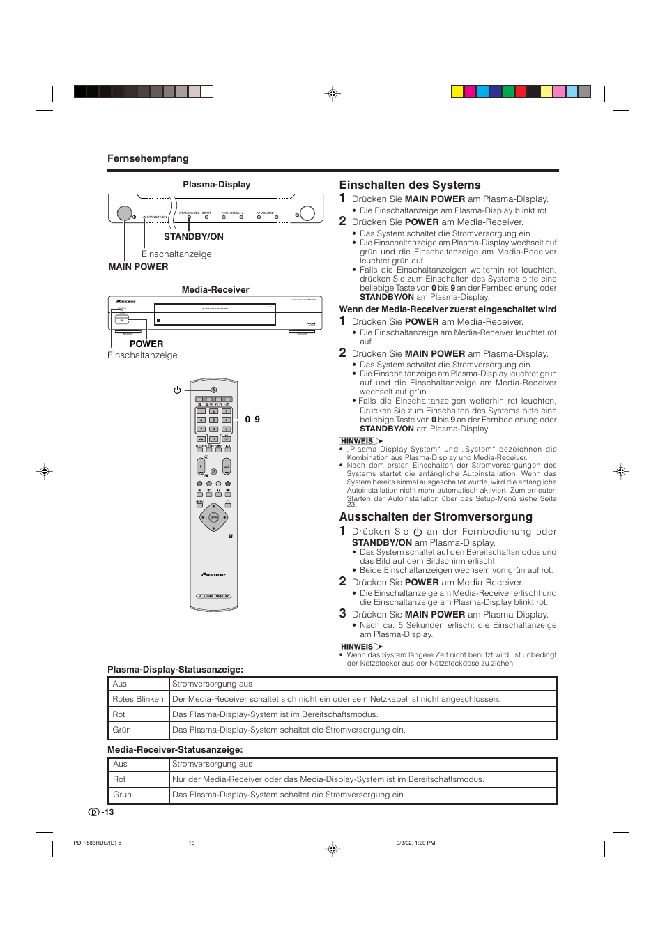 Einschalten des systems, Ausschalten der stromversorgung | Pioneer PDP-503HDE User Manual | Page 143 / 194