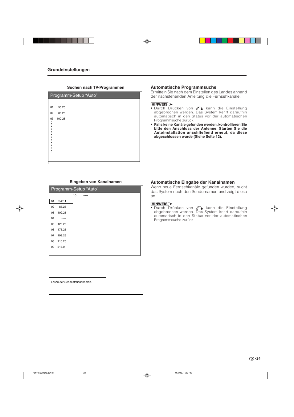 Grundeinstellungen programm-setup “auto, Programm-setup “auto, Automatische programmsuche | Automatische eingabe der kanalnamen | Pioneer PDP-503HDE User Manual | Page 154 / 194