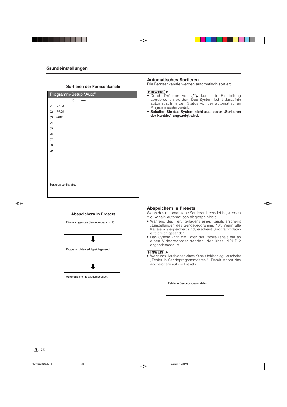 Programm-setup “auto, Grundeinstellungen, Automatisches sortieren | Abspeichern in presets | Pioneer PDP-503HDE User Manual | Page 155 / 194
