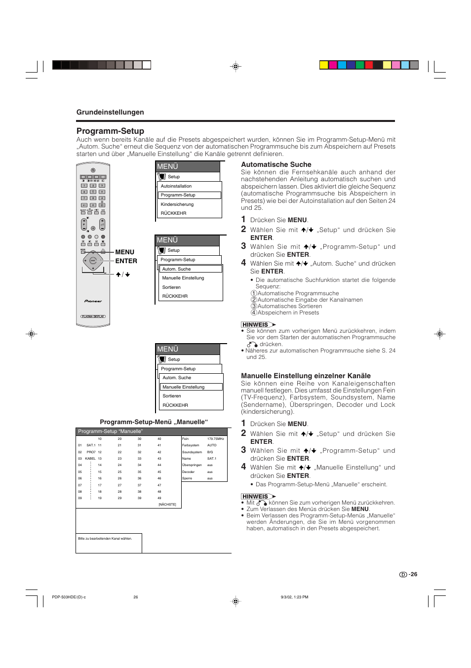 Programm-setup, Grundeinstellungen, Menü | Automatische suche, Manuelle einstellung einzelner kanäle, Enter menu / programm-setup-menü „manuelle, Drücken sie menu, Wählen sie mit / „setup“ und drücken sie enter | Pioneer PDP-503HDE User Manual | Page 156 / 194
