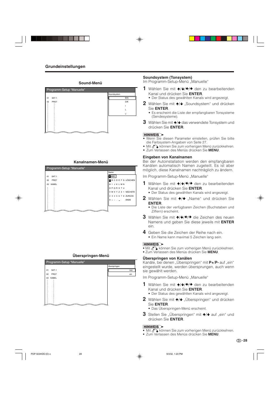 Grundeinstellungen, Sound-menü, Kanalnamen-menü | Überspringen-menü, Wählen sie mit / „name“ und drücken sie enter, Geben sie die zeichen der reihe nach ein | Pioneer PDP-503HDE User Manual | Page 158 / 194