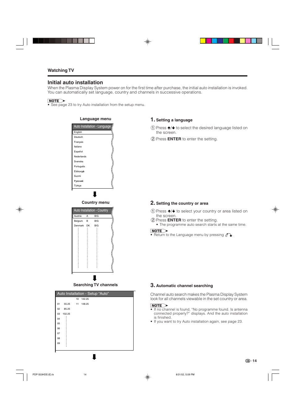 Initial auto installation, Watching tv | Pioneer PDP-503HDE User Manual | Page 16 / 194