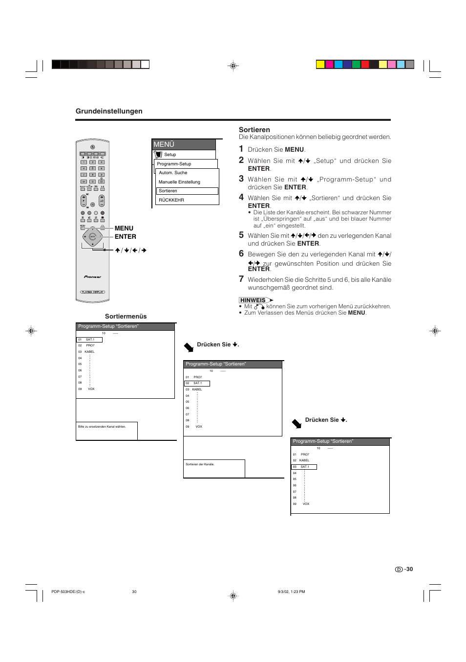 Grundeinstellungen, Menü, Sortieren | Sortiermenüs enter menu, Drücken sie menu, Wählen sie mit / „setup“ und drücken sie enter, Wählen sie mit / „sortieren“ und drücken sie enter | Pioneer PDP-503HDE User Manual | Page 160 / 194
