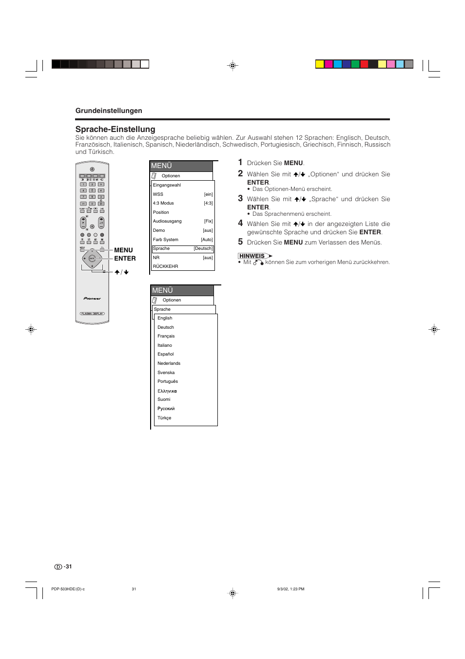 Sprache-einstellung | Pioneer PDP-503HDE User Manual | Page 161 / 194
