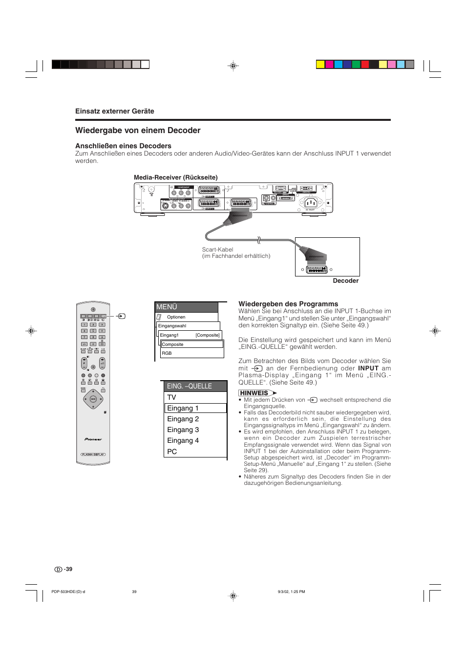 Wiedergabe von einem decoder, Einsatz externer geräte, Menü | Anschließen eines decoders, Wiedergeben des programms, Media-receiver (rückseite) decoder | Pioneer PDP-503HDE User Manual | Page 169 / 194