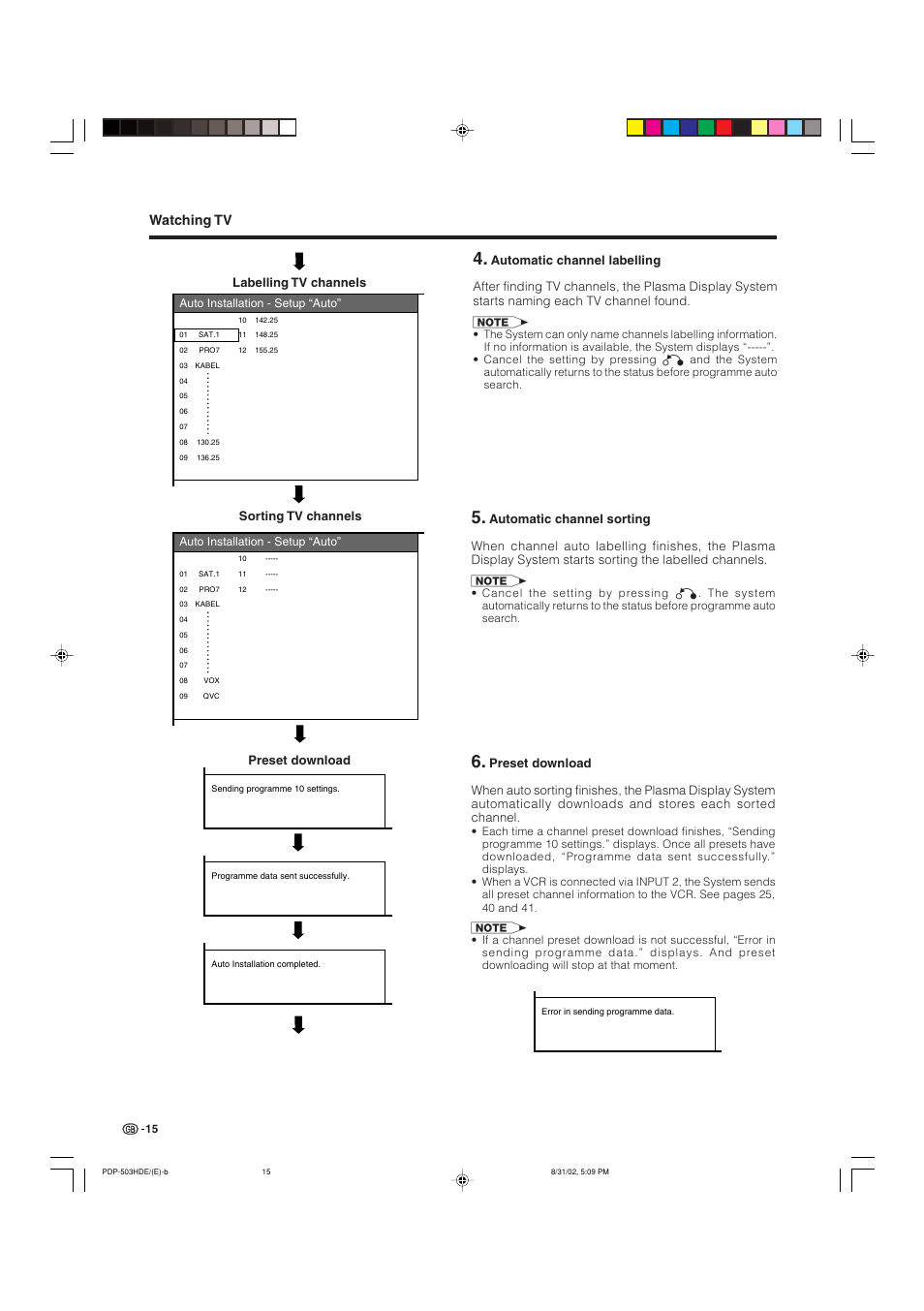 Watching tv, Labelling tv channels, Sorting tv channels preset download | Pioneer PDP-503HDE User Manual | Page 17 / 194