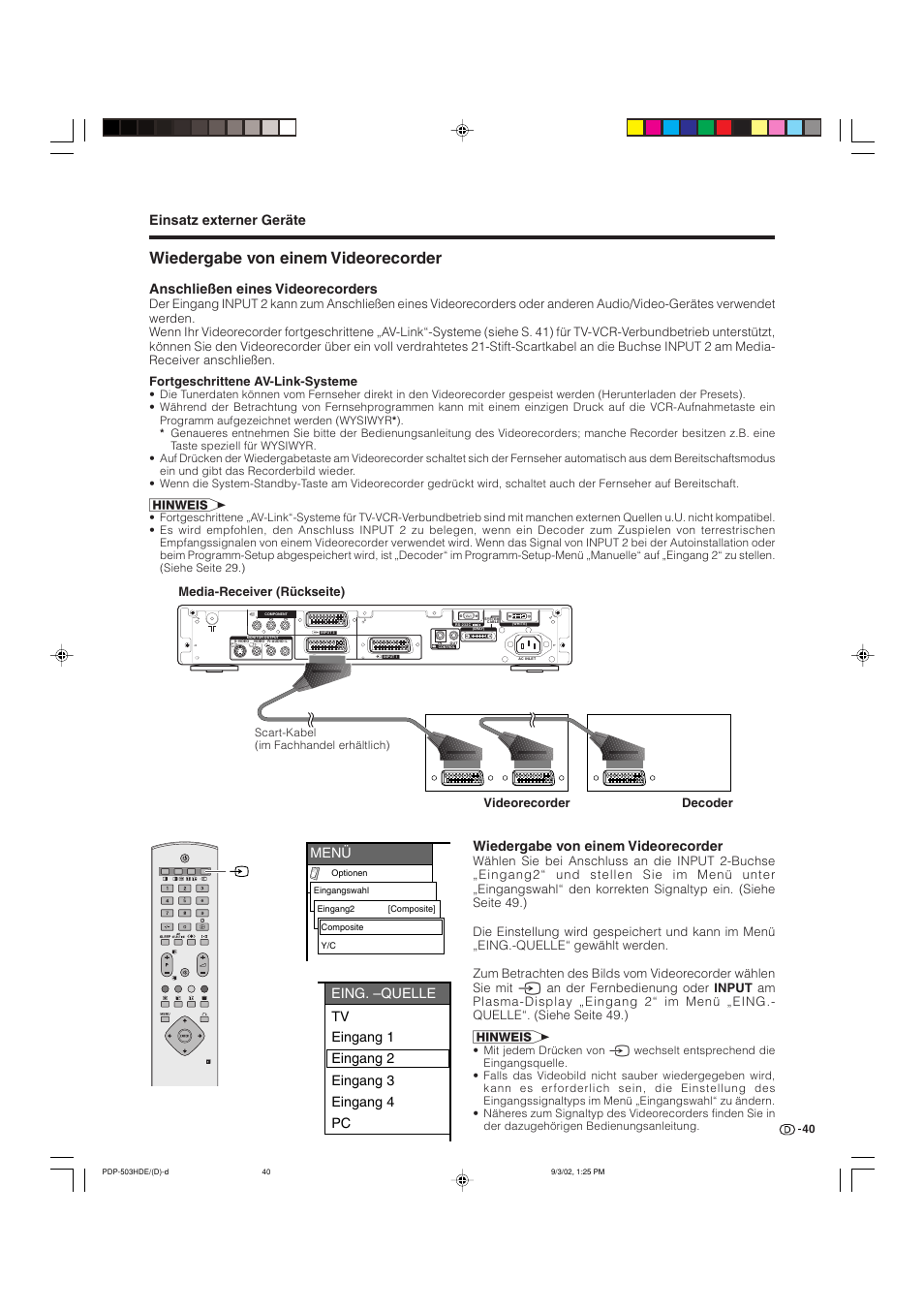 Wiedergabe von einem videorecorder, Einsatz externer geräte, Menü | Anschließen eines videorecorders, Media-receiver (rückseite) videorecorder, Decoder | Pioneer PDP-503HDE User Manual | Page 170 / 194