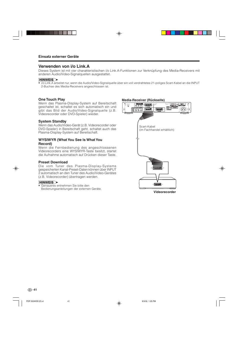 Verwenden von i/o link.a, Einsatz externer geräte, One touch play | System standby, Wysiwyr (what you see is what you record), Preset download, Media-receiver (rückseite) videorecorder | Pioneer PDP-503HDE User Manual | Page 171 / 194