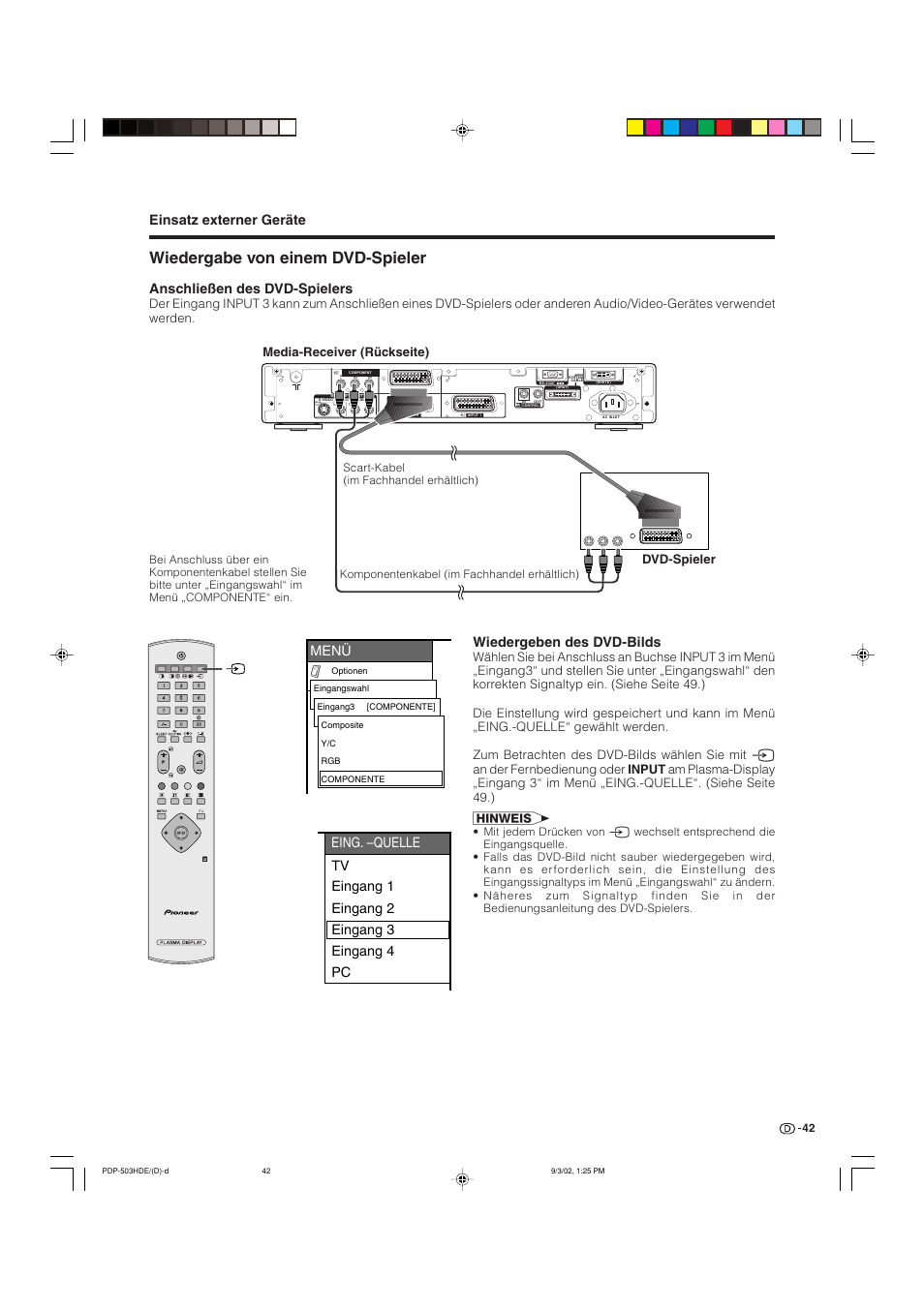 Wiedergabe von einem dvd-spieler, Einsatz externer geräte, Menü | Anschließen des dvd-spielers, Wiedergeben des dvd-bilds, Media-receiver (rückseite) dvd-spieler | Pioneer PDP-503HDE User Manual | Page 172 / 194