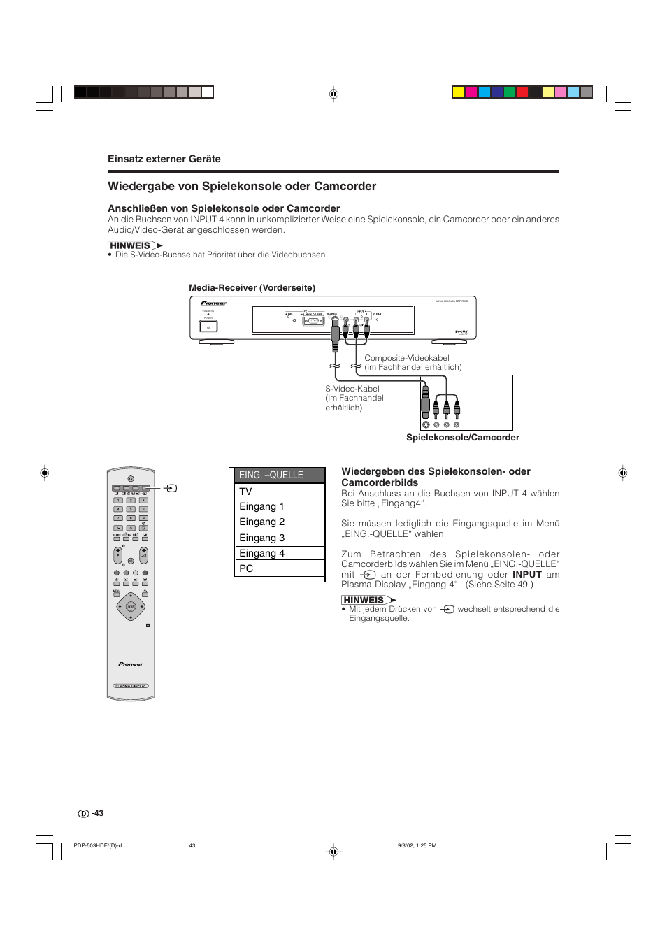 Wiedergabe von spielekonsole oder camcorder | Pioneer PDP-503HDE User Manual | Page 173 / 194