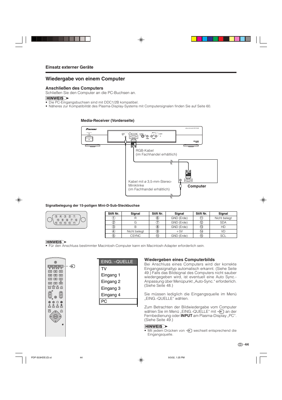 Wiedergabe von einem computer, Einsatz externer geräte, Anschließen des computers | Wiedergeben eines computerbilds | Pioneer PDP-503HDE User Manual | Page 174 / 194