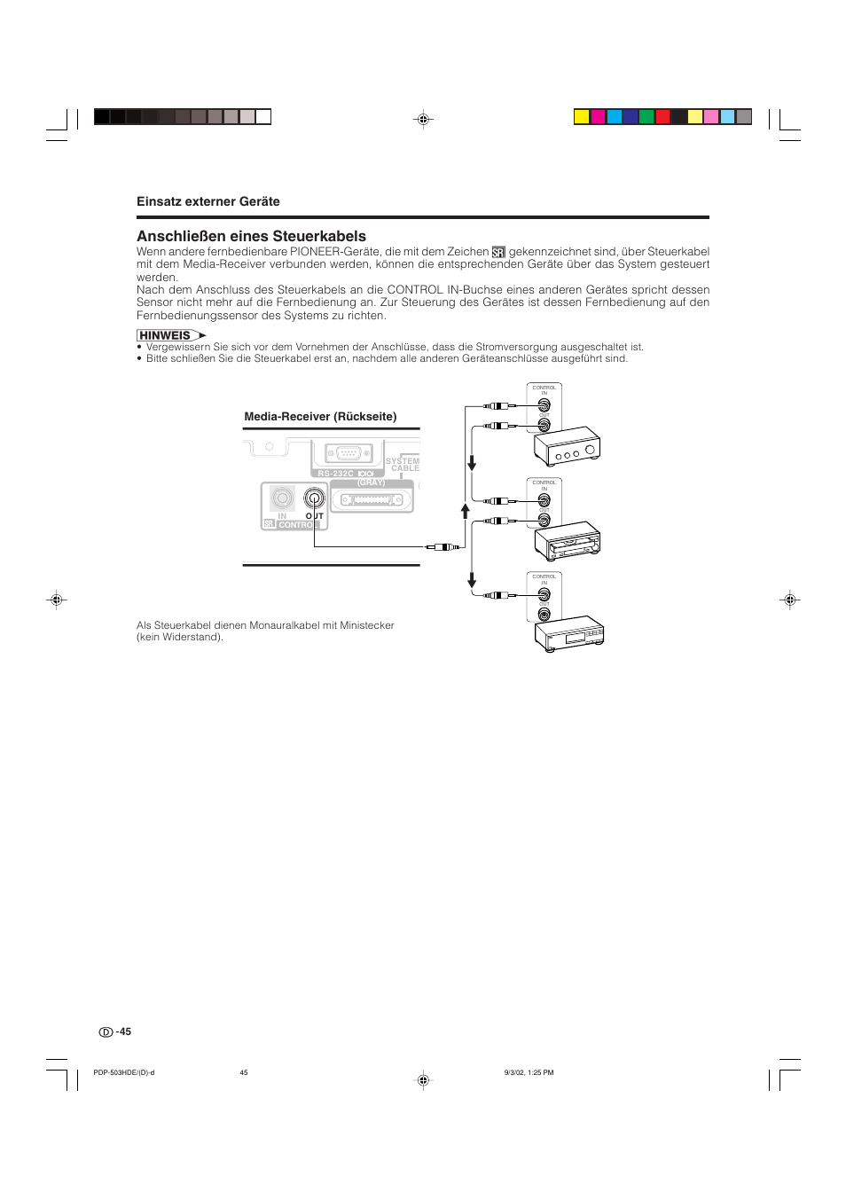 Anschließen eines steuerkabels, Einsatz externer geräte, Media-receiver (rückseite) | Pioneer PDP-503HDE User Manual | Page 175 / 194