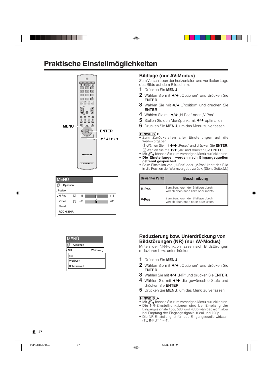 Praktische einstellmöglichkeiten, Bildlage (nur av-modus) | Pioneer PDP-503HDE User Manual | Page 177 / 194