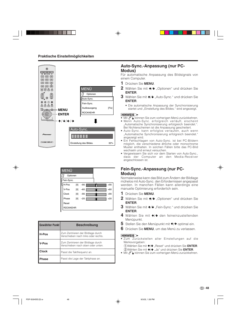 Fein-sync.-anpassung (nur pc- modus), Auto-sync.-anpassung (nur pc- modus) | Pioneer PDP-503HDE User Manual | Page 178 / 194