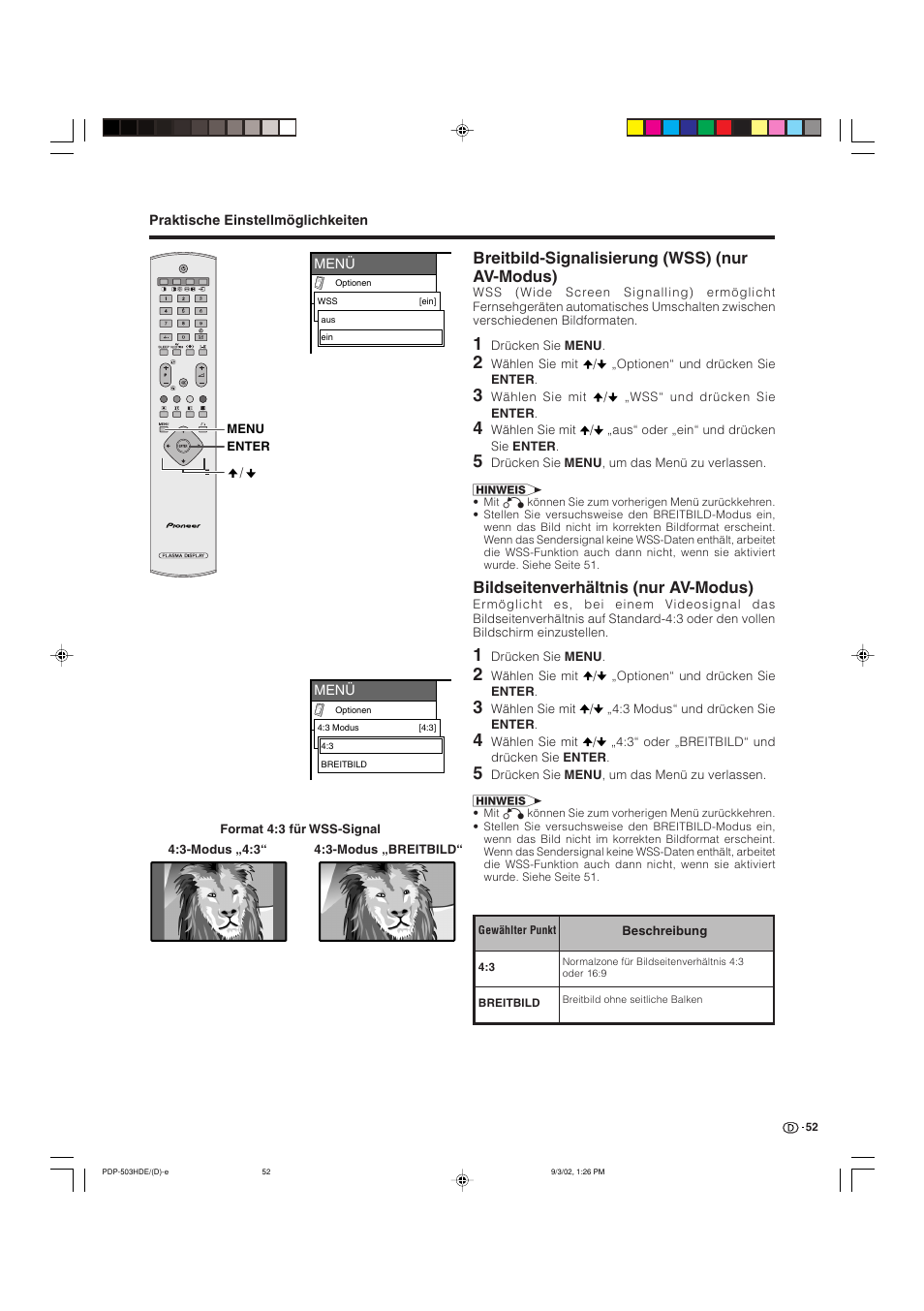 Breitbild-signalisierung (wss) (nur av-modus), Bildseitenverhältnis (nur av-modus) | Pioneer PDP-503HDE User Manual | Page 182 / 194