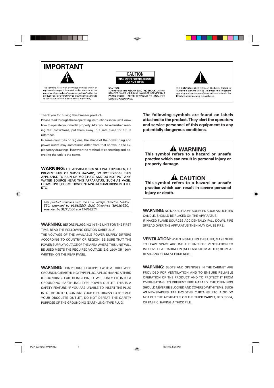 Warning, Caution | Pioneer PDP-503HDE User Manual | Page 2 / 194