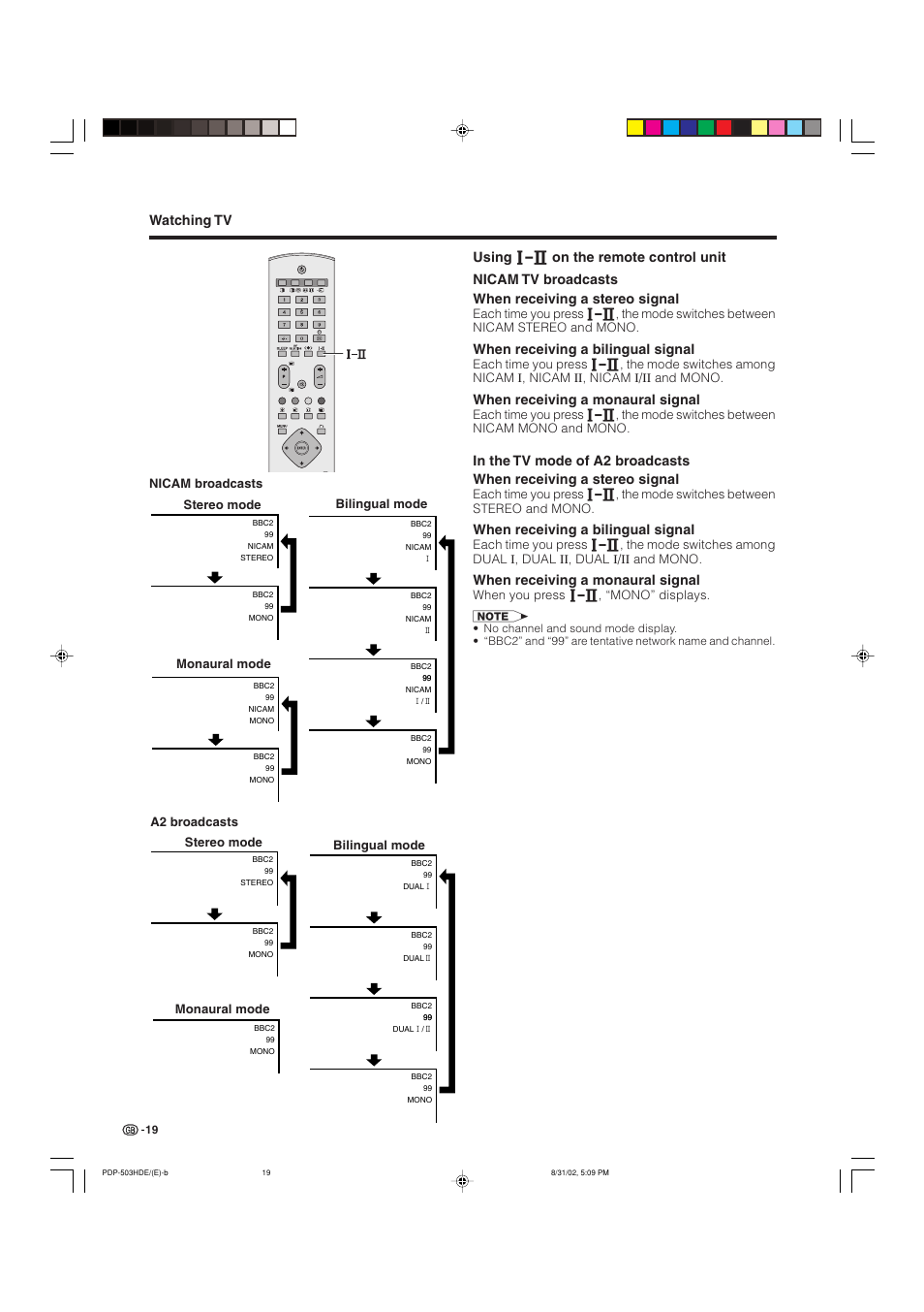 Watching tv, When receiving a bilingual signal, When receiving a monaural signal | When you press g, “mono” displays | Pioneer PDP-503HDE User Manual | Page 21 / 194