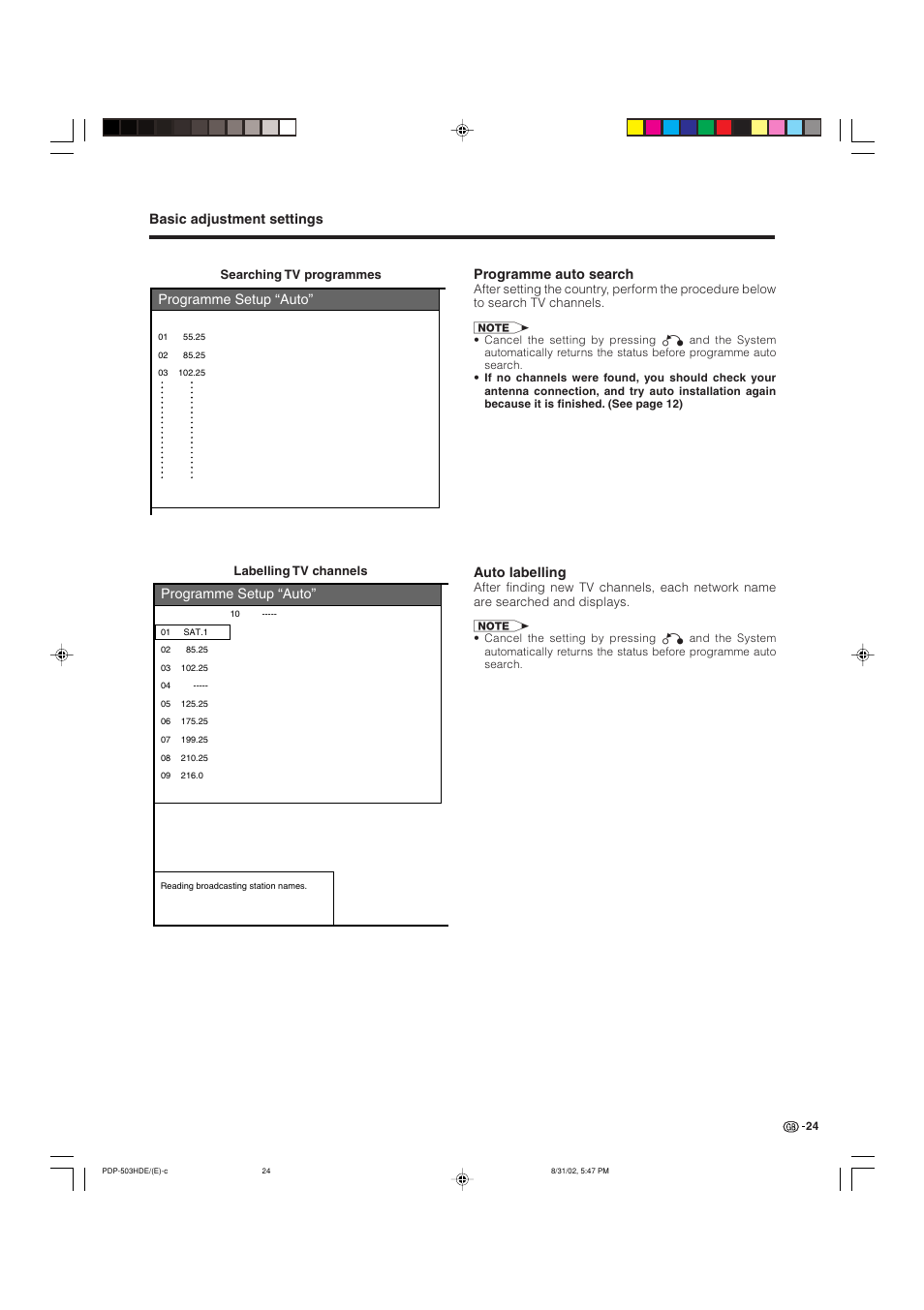 Basic adjustment settings programme setup “auto, Programme setup “auto, Programme auto search | Auto labelling | Pioneer PDP-503HDE User Manual | Page 26 / 194
