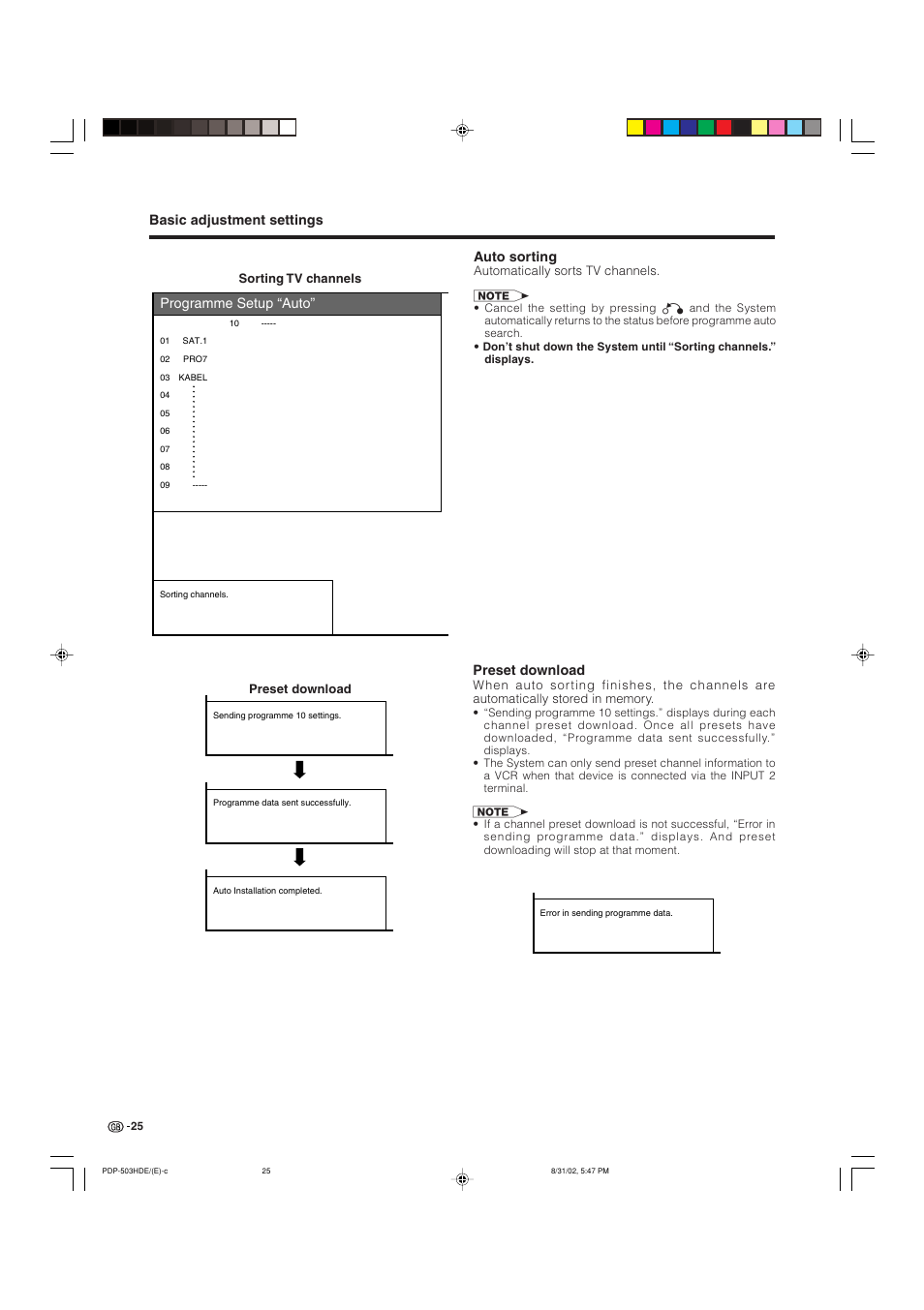 Programme setup “auto, Basic adjustment settings, Auto sorting | Preset download | Pioneer PDP-503HDE User Manual | Page 27 / 194