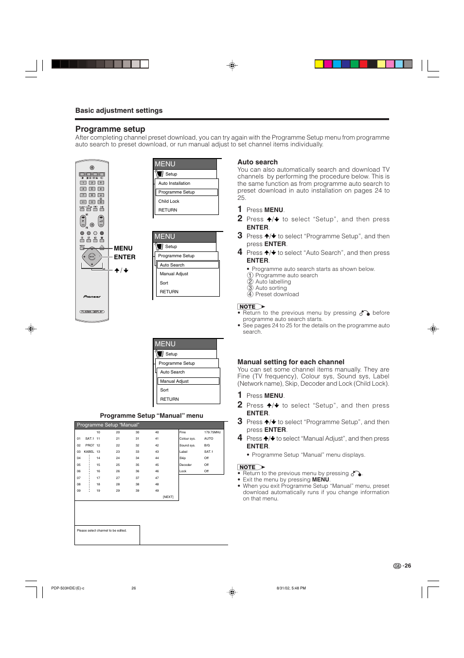Programme setup, Basic adjustment settings, Menu | Auto search, Manual setting for each channel, Enter menu / programme setup “manual” menu, Press menu, Press / to select “setup”, and then press enter | Pioneer PDP-503HDE User Manual | Page 28 / 194