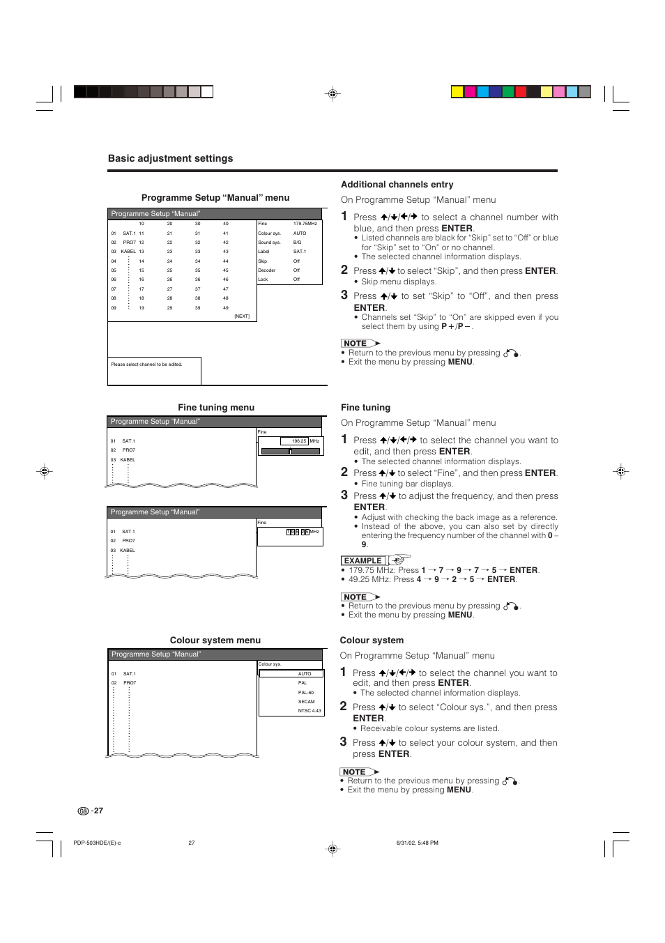 Basic adjustment settings, Programme setup “manual” menu, Fine tuning on programme setup “manual” menu | Press / to select “fine”, and then press enter, Colour system menu, Press / to select “skip”, and then press enter | Pioneer PDP-503HDE User Manual | Page 29 / 194