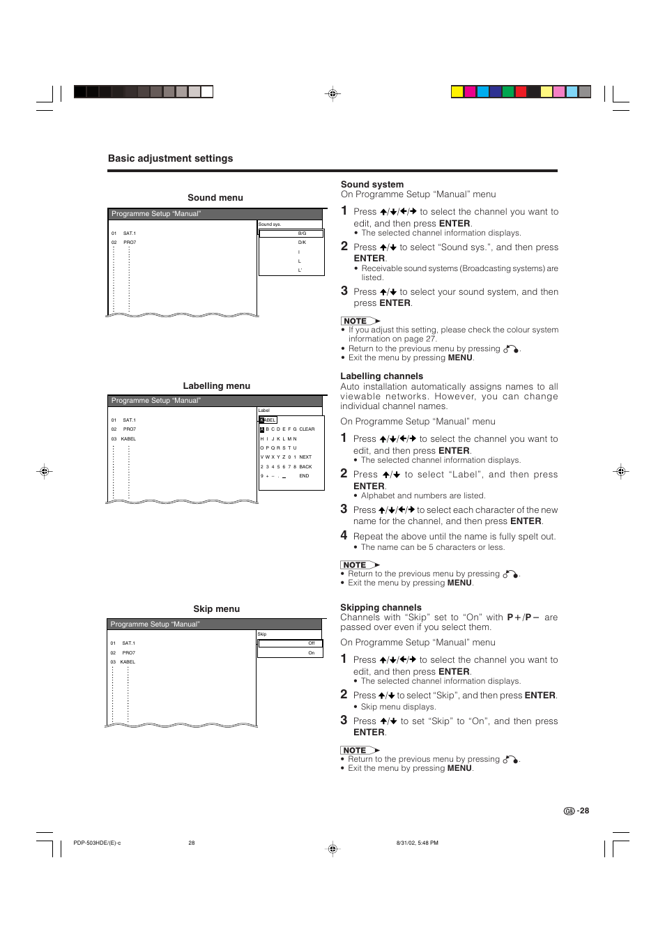 Basic adjustment settings, Sound menu, Labelling menu | Skip menu, Press / to select “label”, and then press enter, Repeat the above until the name is fully spelt out, Press / to select “skip”, and then press enter, Sound system on programme setup “manual” menu | Pioneer PDP-503HDE User Manual | Page 30 / 194