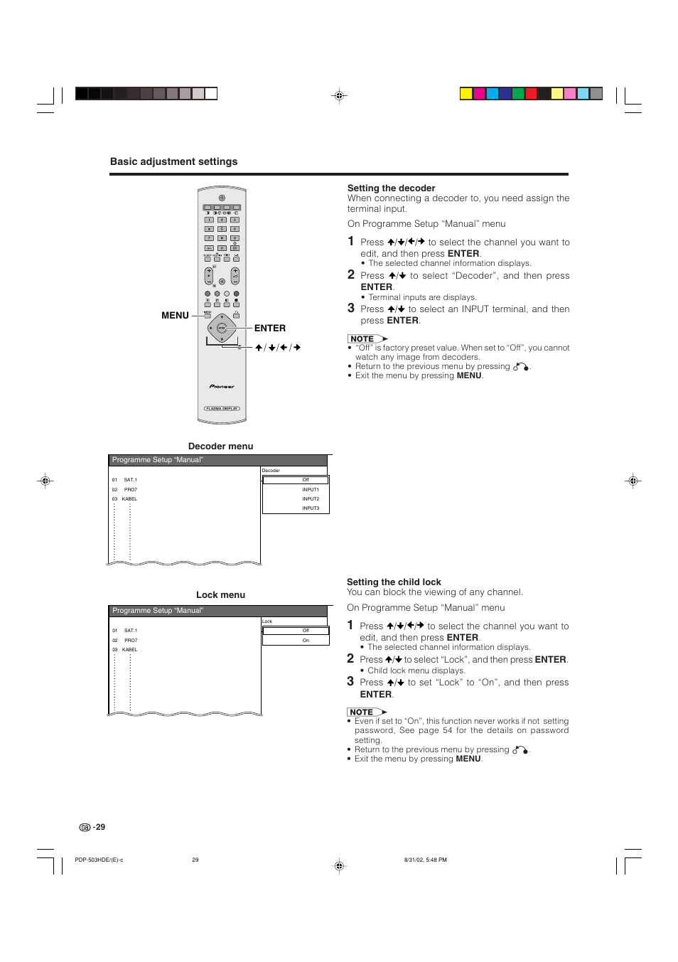 Basic adjustment settings | Pioneer PDP-503HDE User Manual | Page 31 / 194