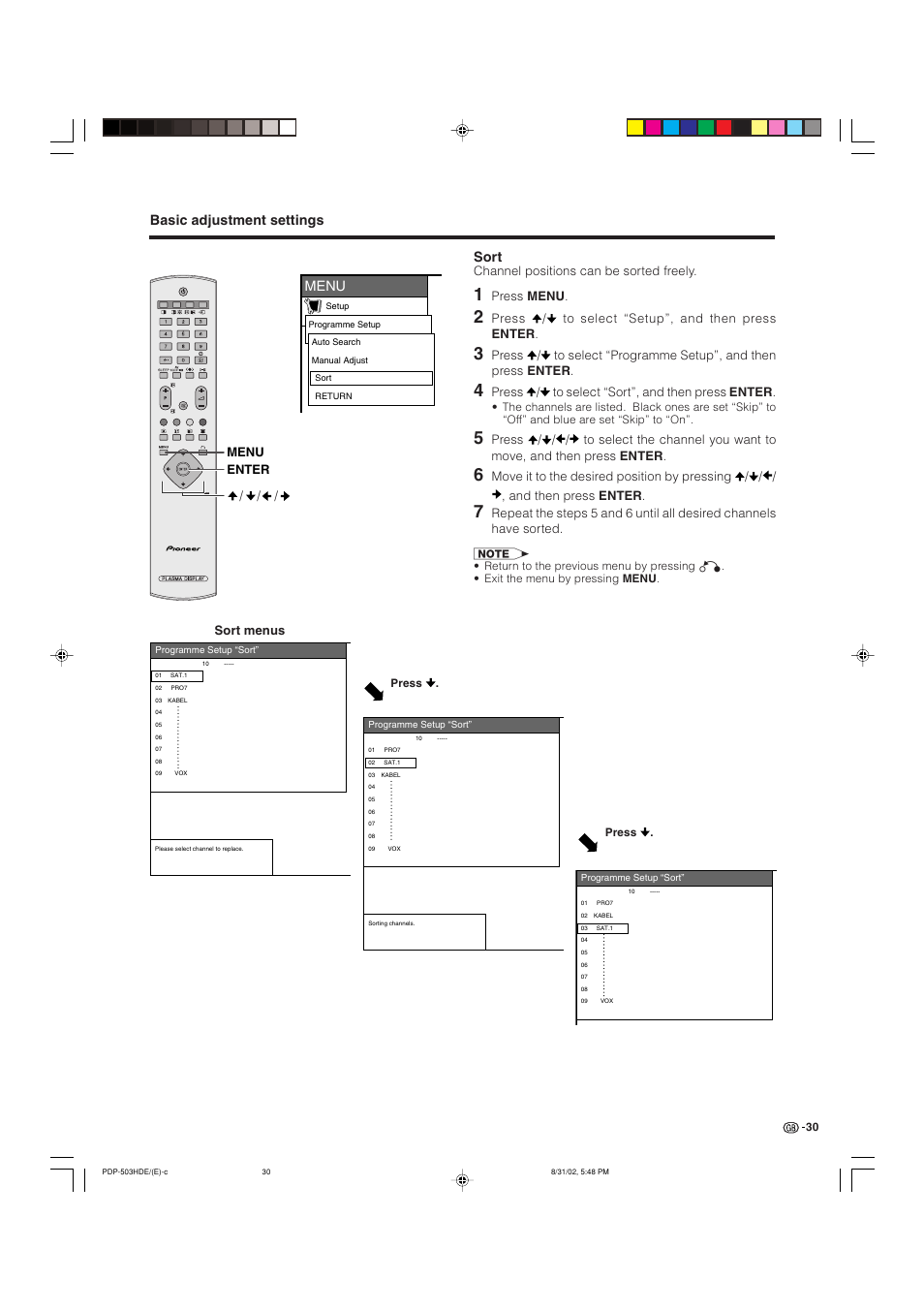 Basic adjustment settings, Menu, Sort | Sort menus enter menu, Channel positions can be sorted freely, Press menu, Press / to select “setup”, and then press enter, Press / to select “sort”, and then press enter | Pioneer PDP-503HDE User Manual | Page 32 / 194