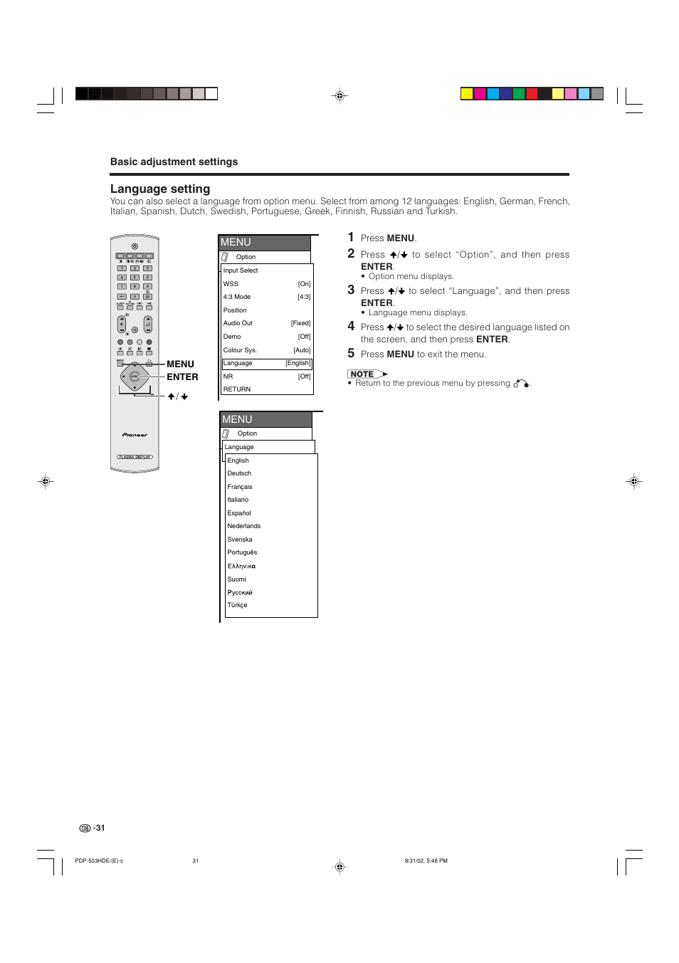 Language setting | Pioneer PDP-503HDE User Manual | Page 33 / 194