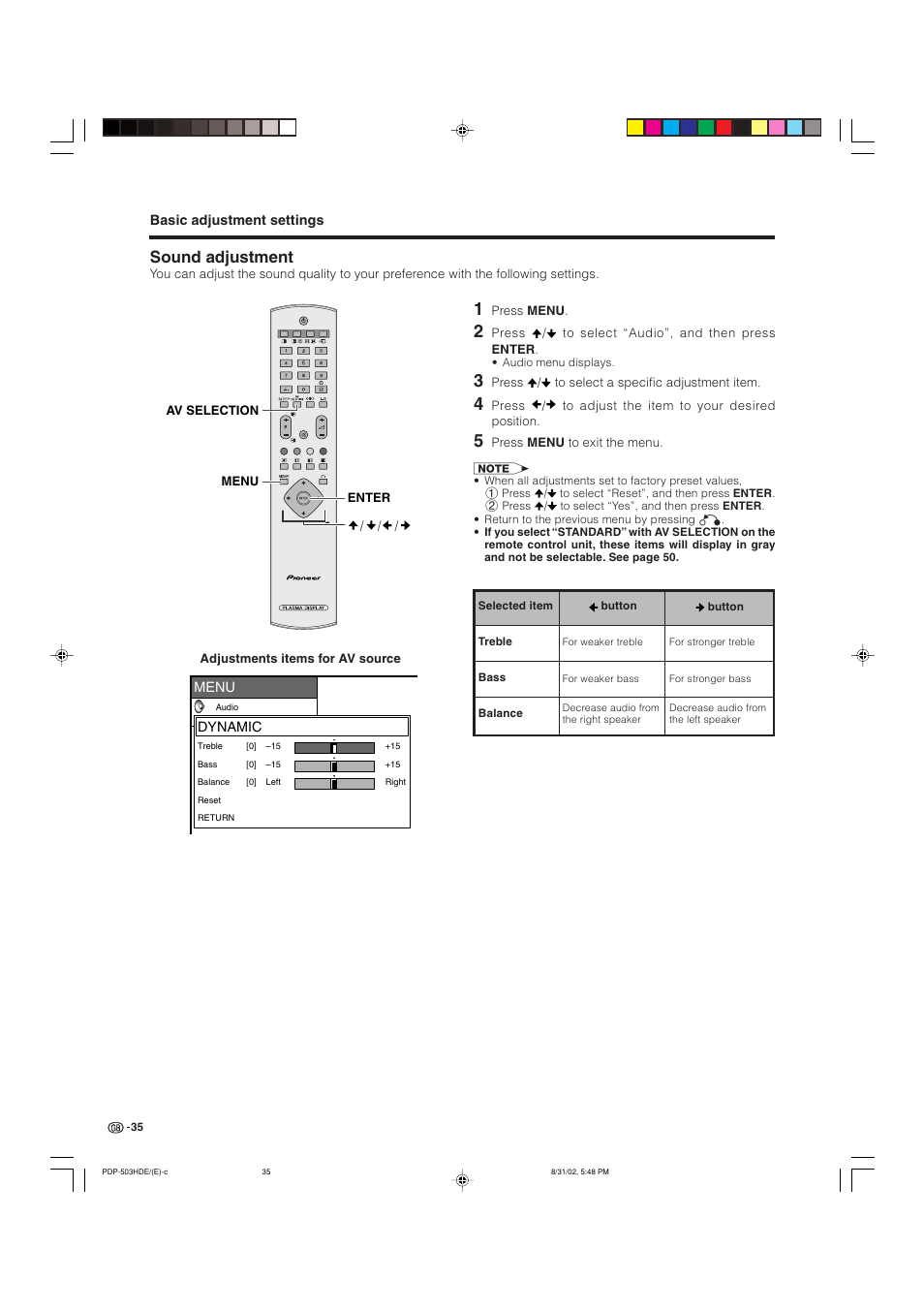 Sound adjustment | Pioneer PDP-503HDE User Manual | Page 37 / 194