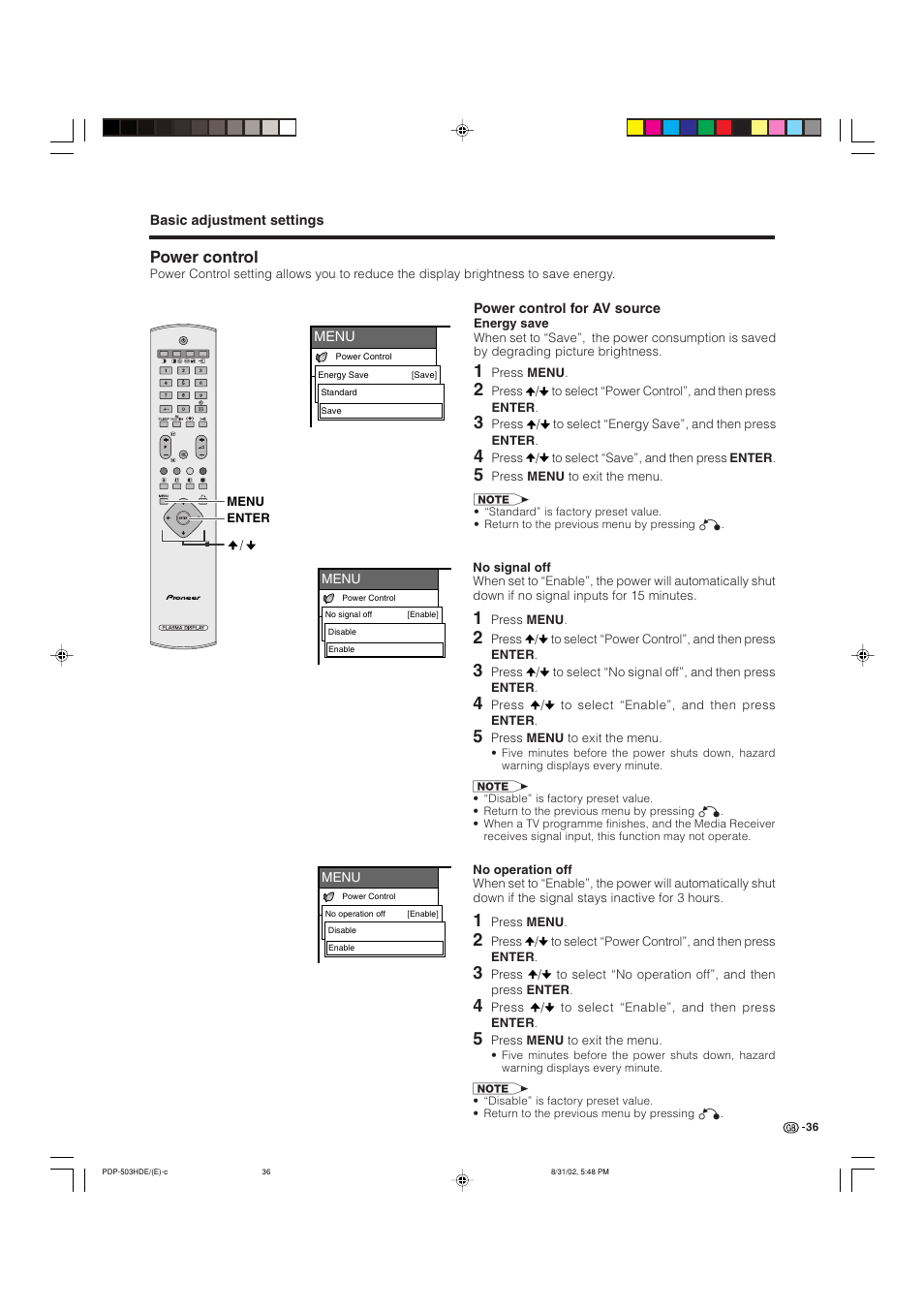 Power control | Pioneer PDP-503HDE User Manual | Page 38 / 194